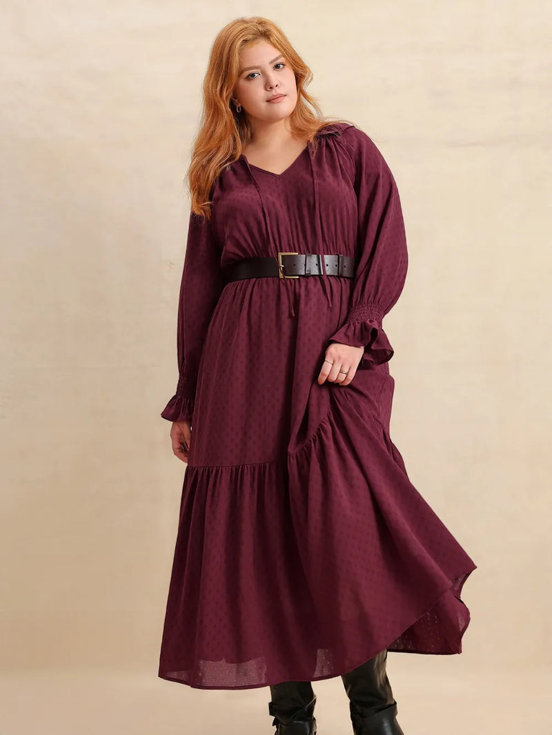 Swiss dot tie neck flounce maxi dress in burgundy front view