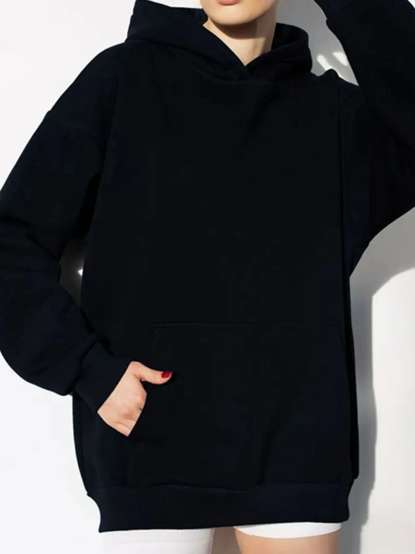 Kangaroo Pocket Long Sleeve Hoodie Black - Fashorio