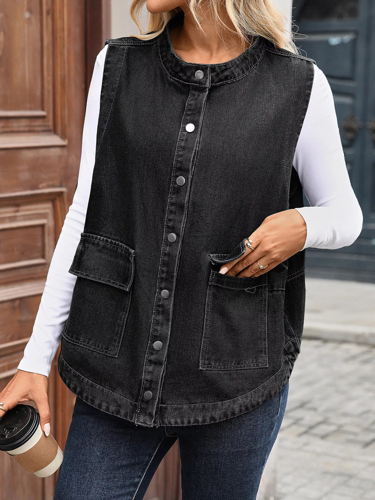 Snap Down Sleeveless Denim Vest in Black back view