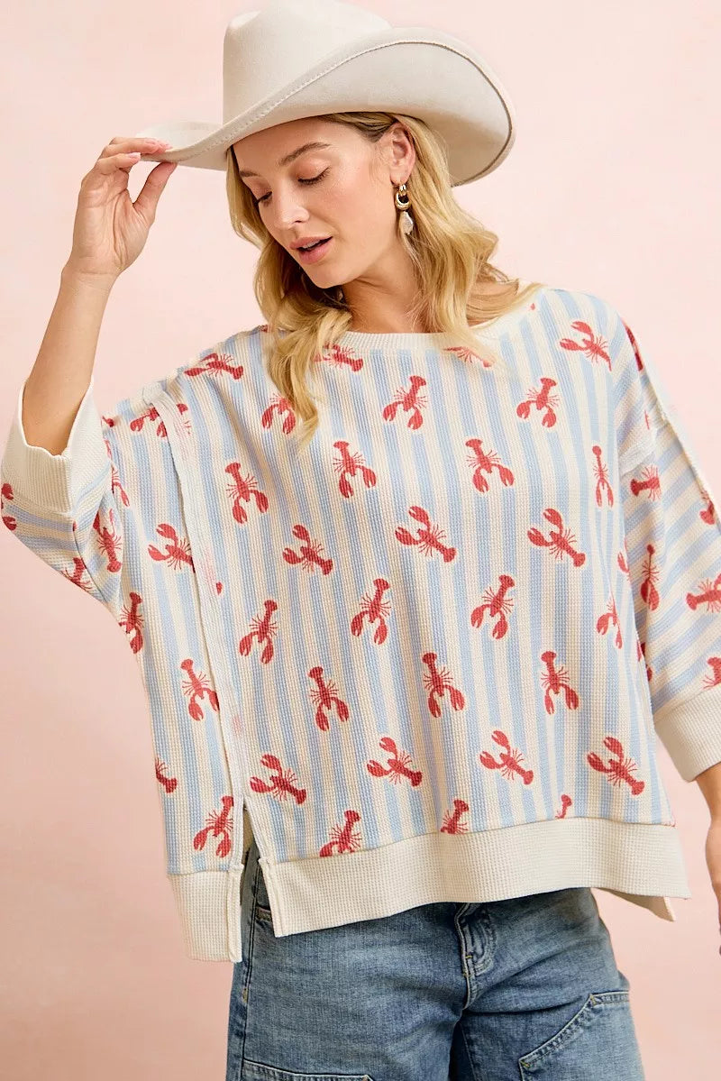 Light blue and red BiBi lobster stripe waffle knit top side view