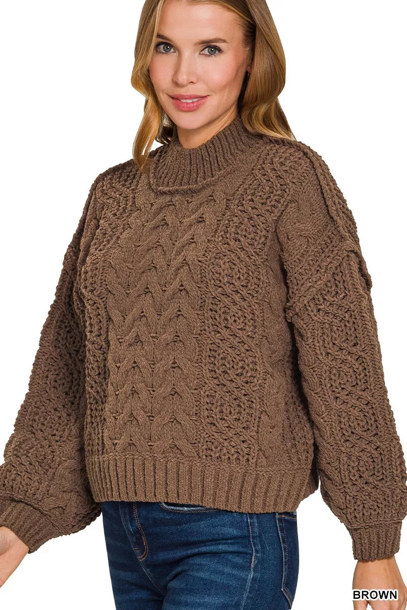 Cable Knit Ribbed Turtleneck Sweater in Brown