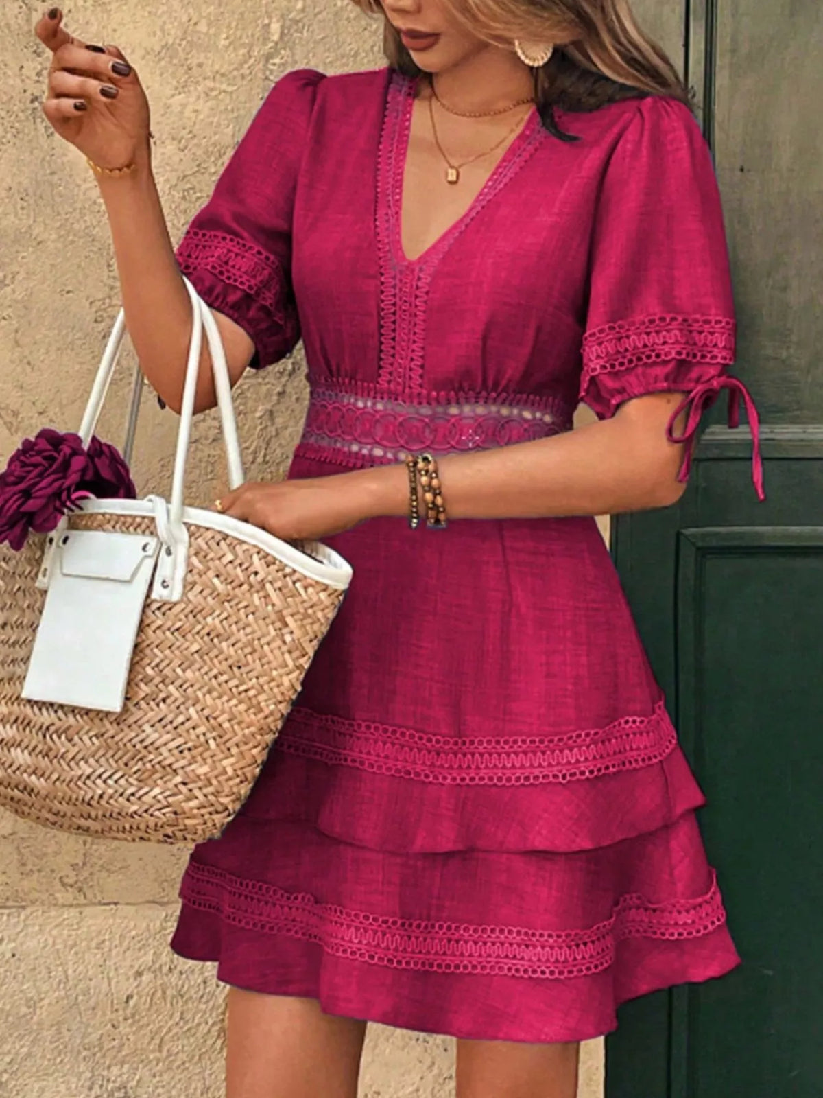 V neck lace dress neckline and tie