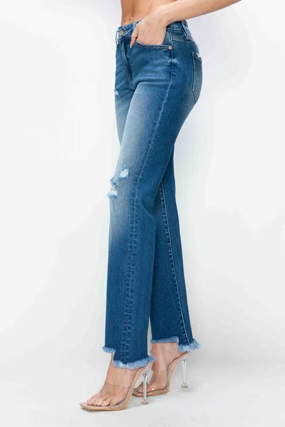 bytos Full Size Raw Hem Distressed Mid Rise Straight Jeans - Fashorio