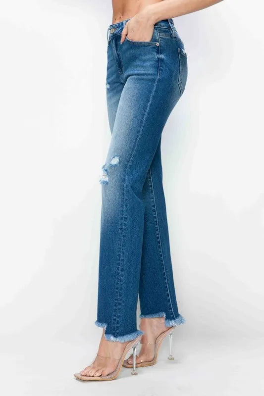 bytos Full Size Raw Hem Distressed Mid Rise Straight Jeans - Fashorio