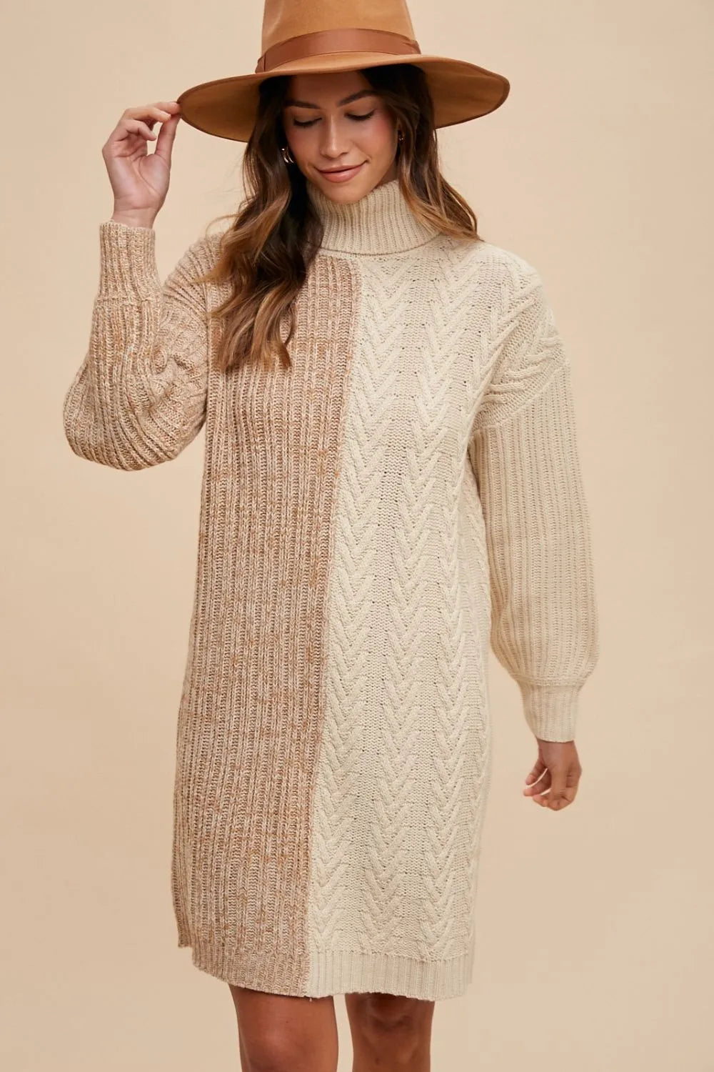 Color Block Turtleneck Sweater Dress in Taupe detail