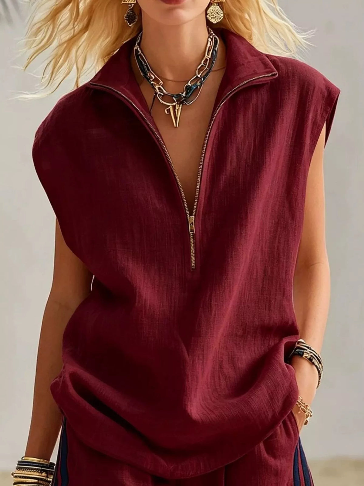 Zip Front Sleeveless Top and Striped Shorts Set, view 7