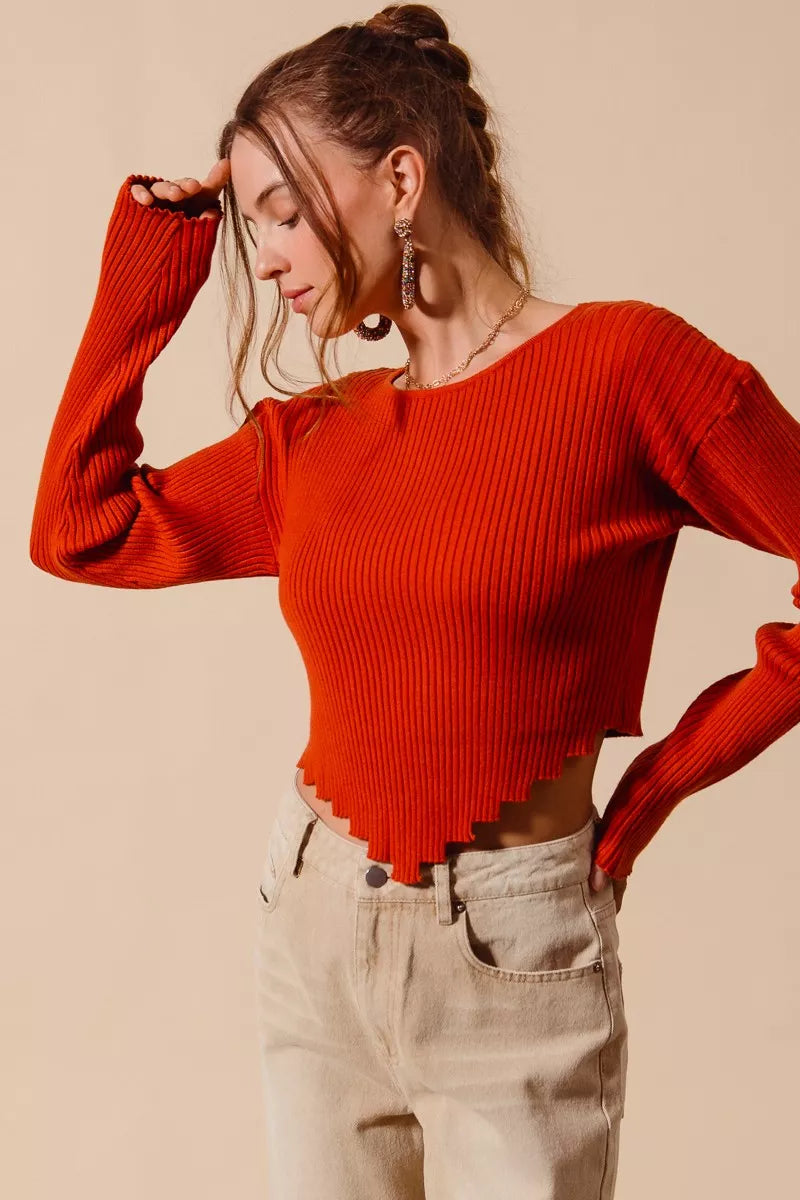 Ribbed Cropped Sweater Top with Shaped Hem in Rust back view
