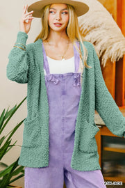 Zenana Long Sleeve Popcorn Sweater Cardigan with Pockets ASH JADE - Fashorio