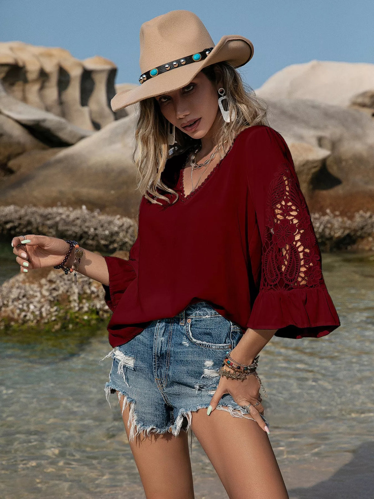 Lace Sleeve V-Neck Blouse, view 12