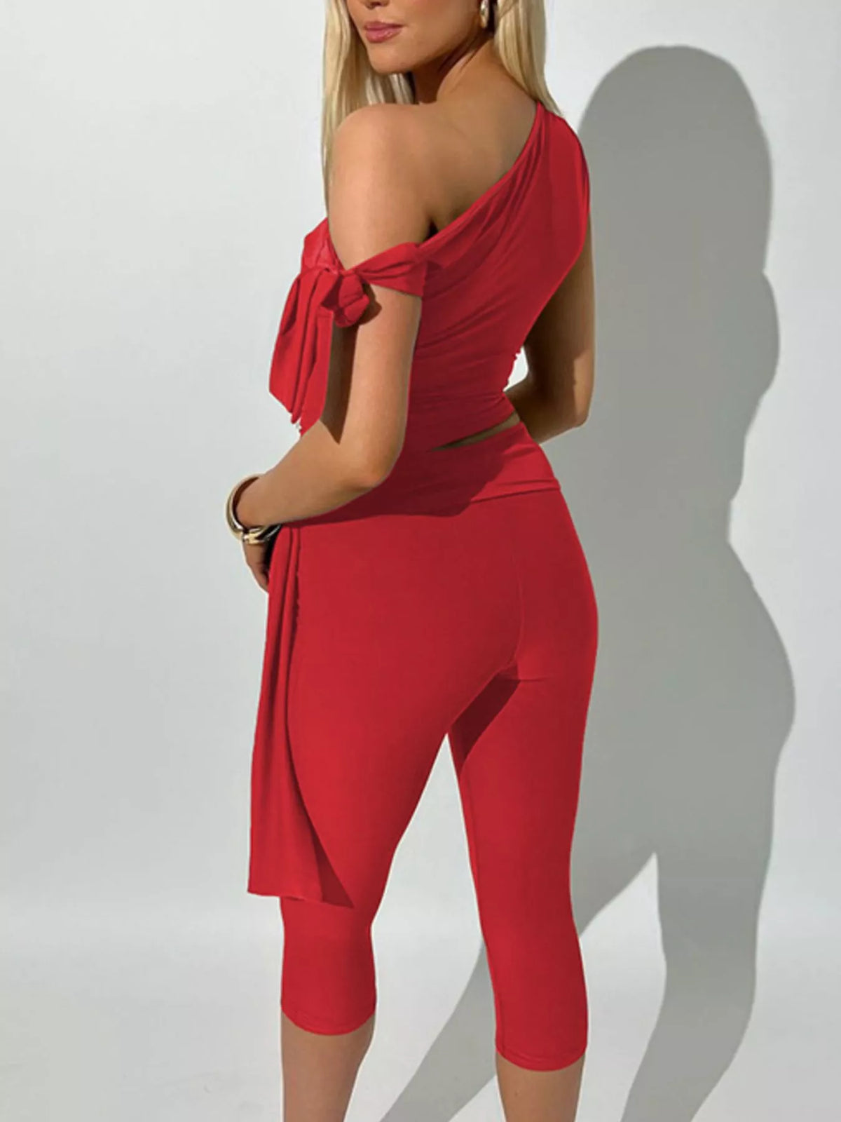 Asymmetrical One Shoulder Top and Capri Two Piece Set, view 8