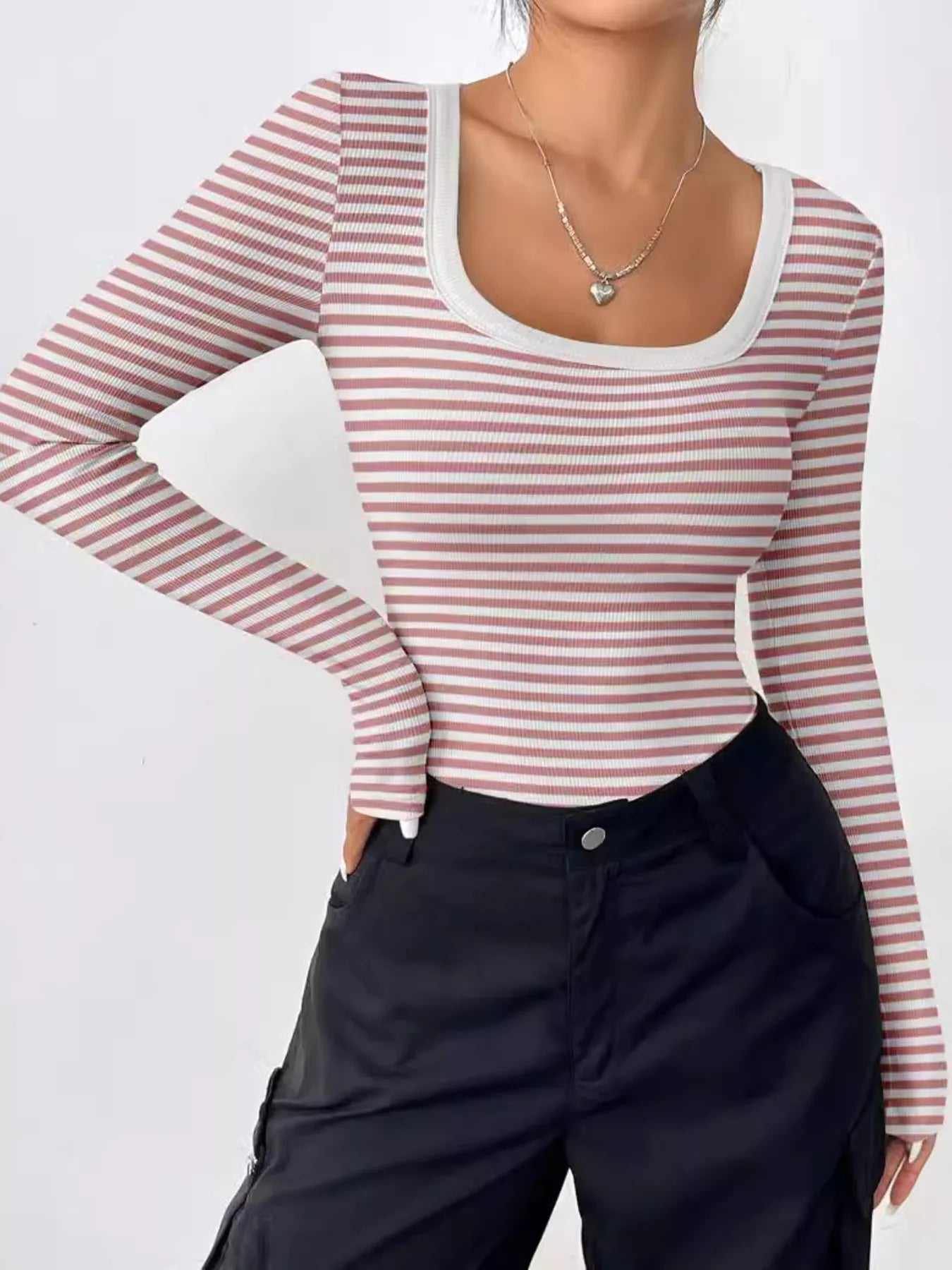 Striped Long Sleeve Scoop Neck T-Shirt - Fashorio
