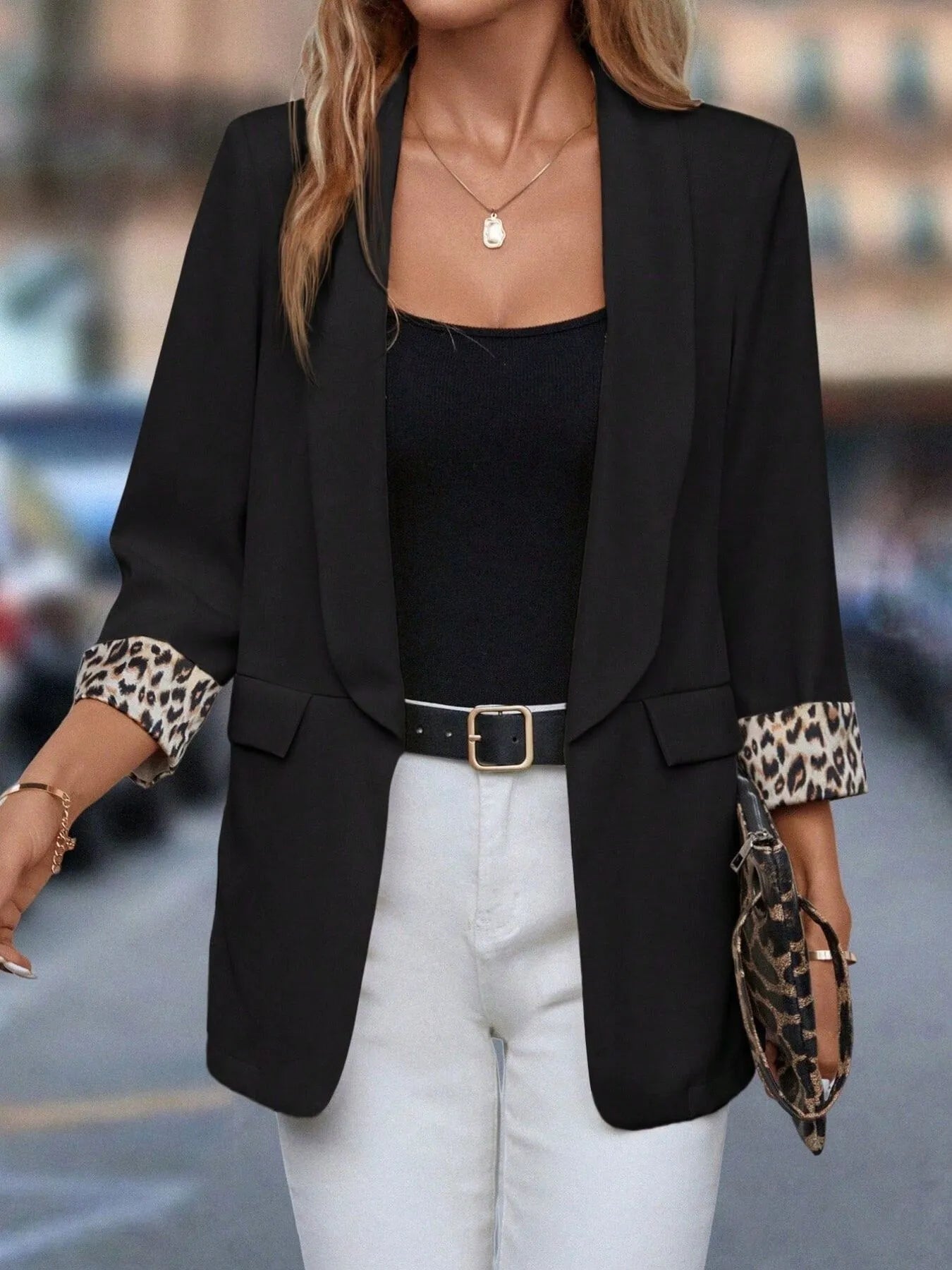 Leopard Lapel Collar Open Front Blazer - Fashorio