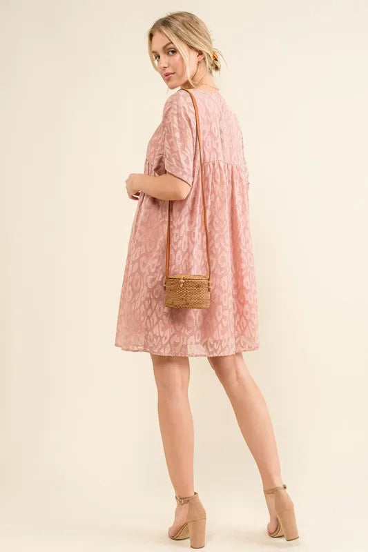 Woven Leopard Baby Doll Roll Sleeve Casual Dress side view