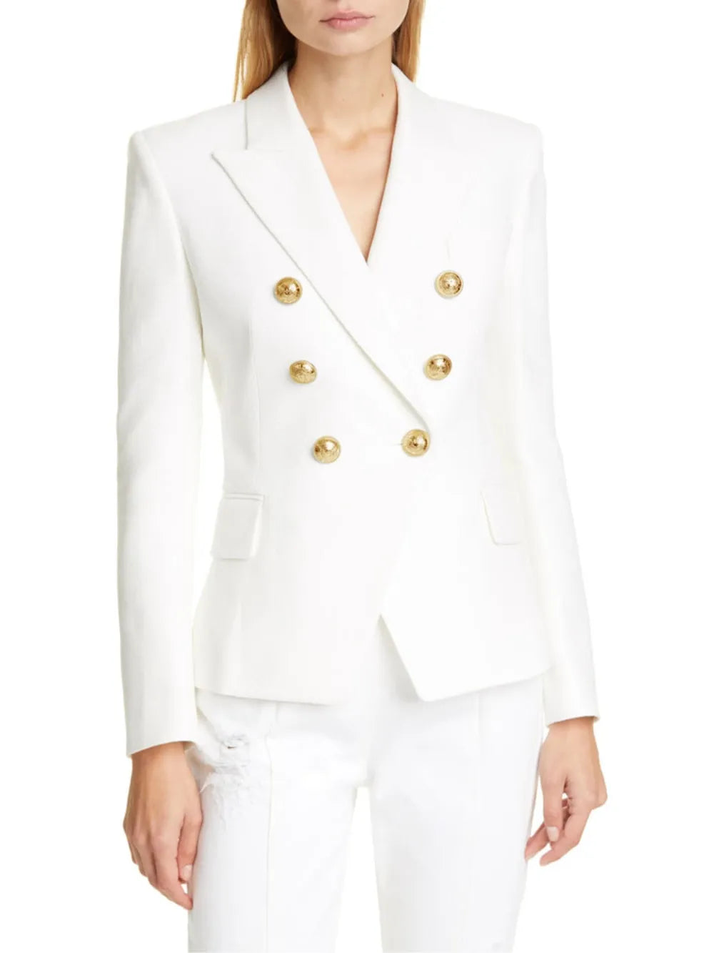 Lapel Collar Long Sleeve Blazer White - Fashorio