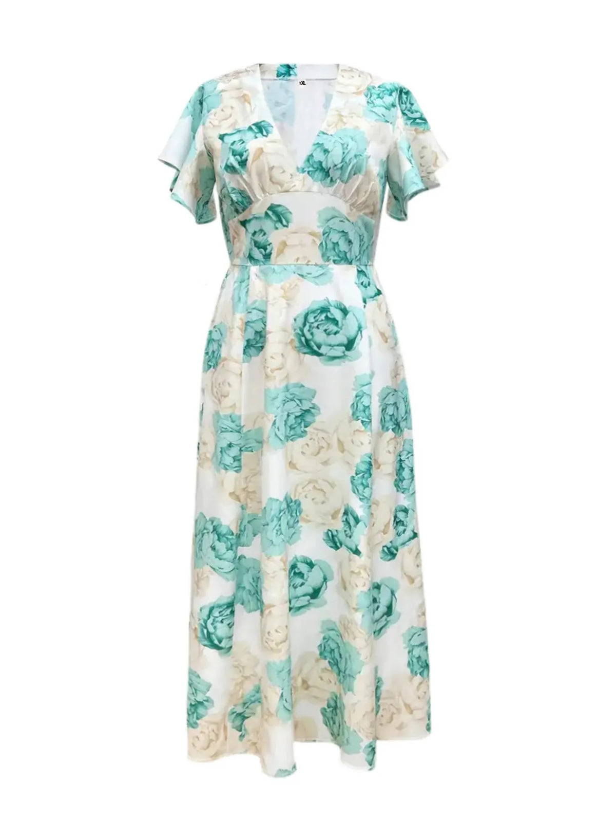 Plus size floral v neck maxi dress in light green back view
