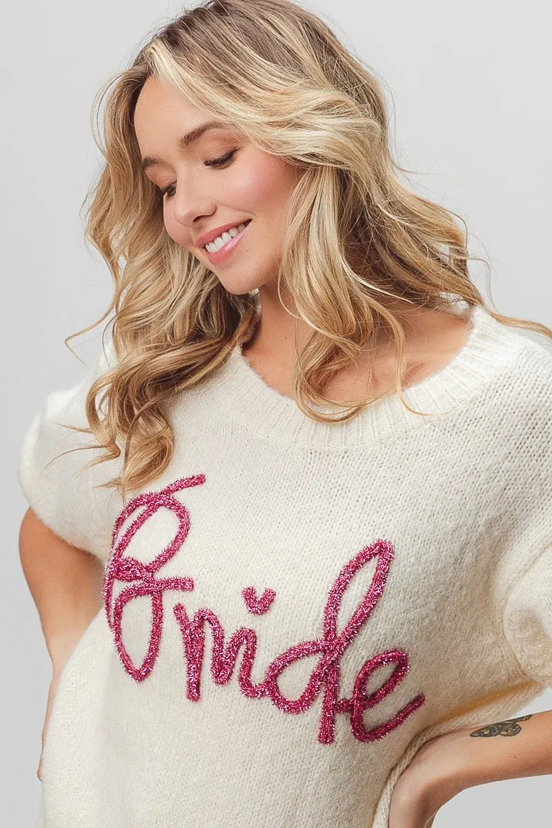 Metallic Letter Fuzzy Puff Sleeve Top in Ivory close up