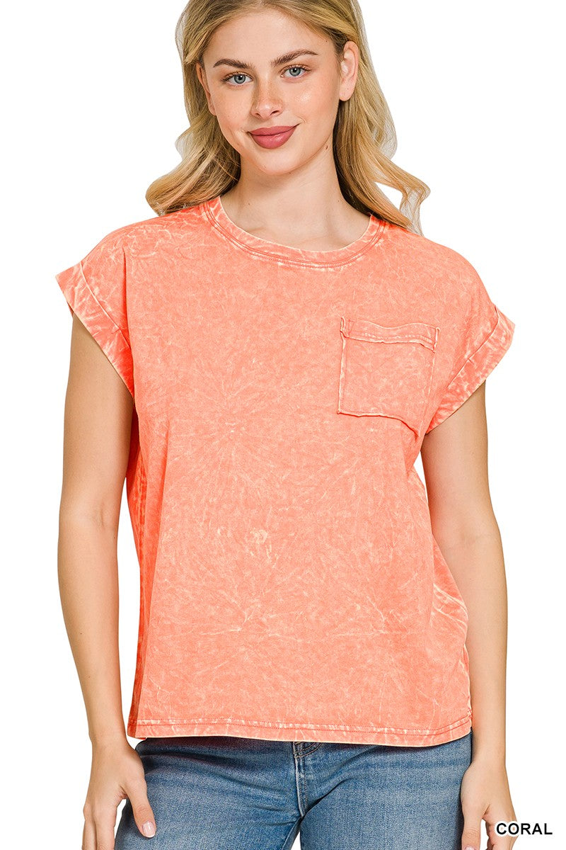 Model wearing the Zenana crinkle washed round neck tee in a front view