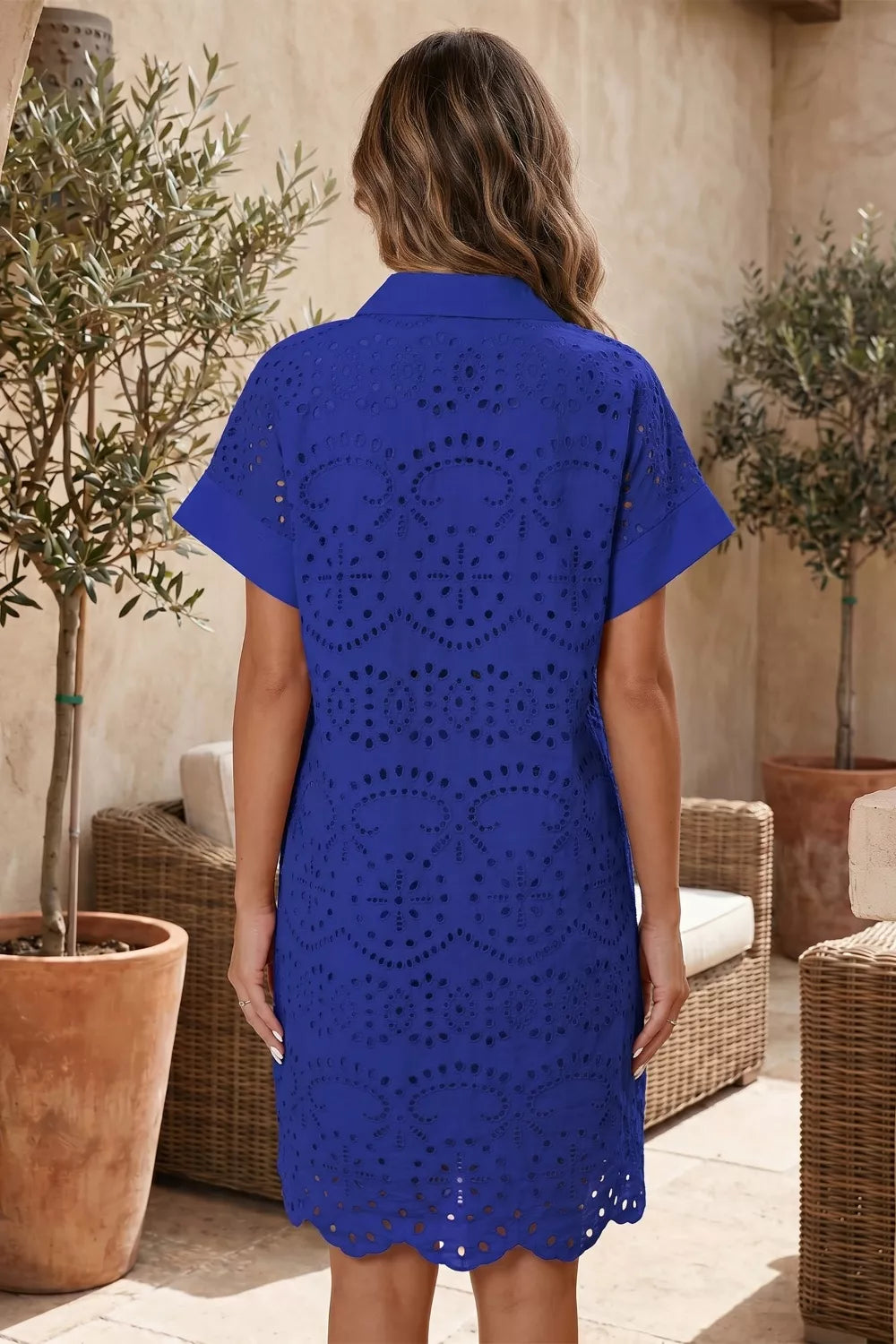Royal blue eyelet embroidered mini dress side view