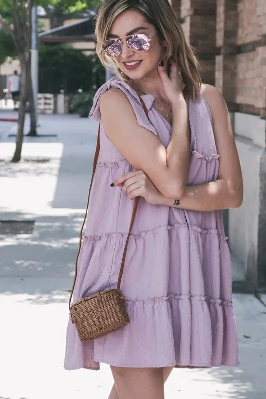 Polka Dot Textured Layered Flounce Ruffle Dress styled look