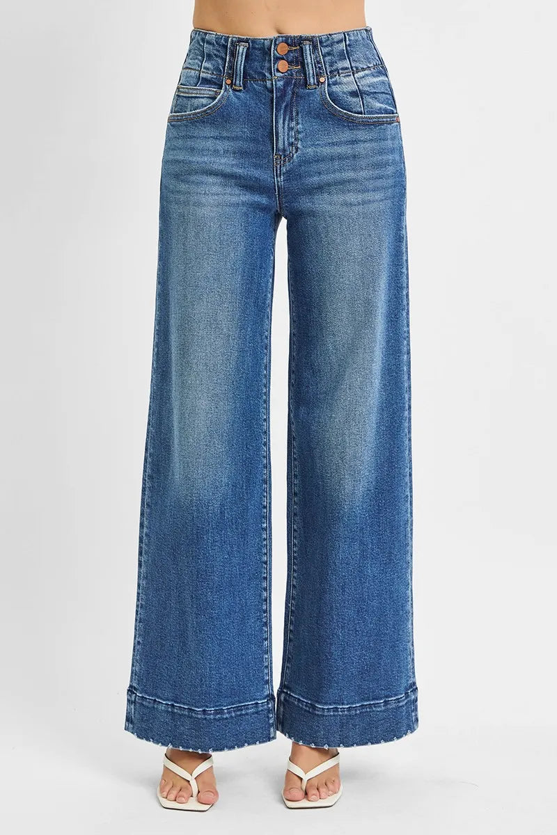 RISEN Full Size High Rise Ankle Wide Seam Detailed Jeans Plus Size DARK - Fashorio