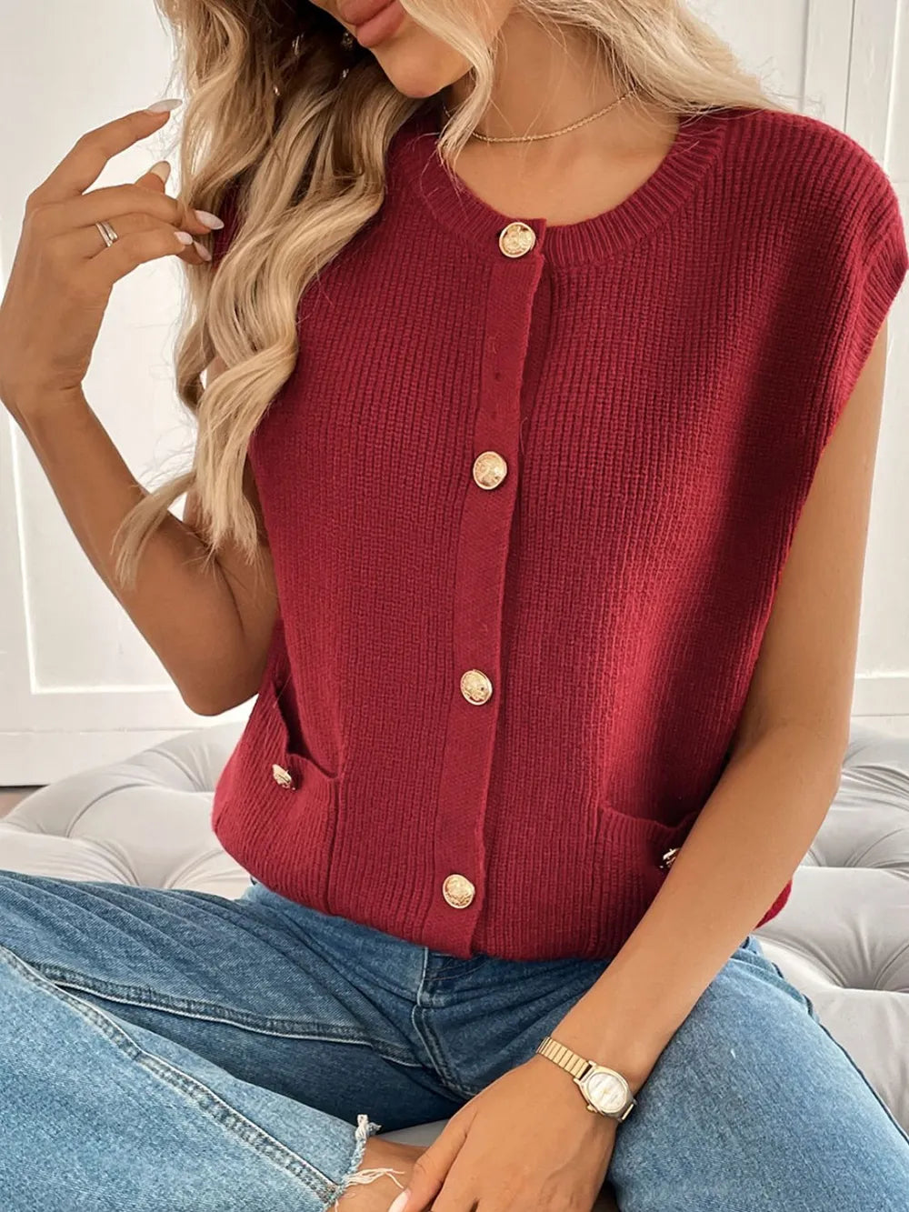 Perfee Pocketed Round Neck Cap Sleeve Cardigan - Fashorio