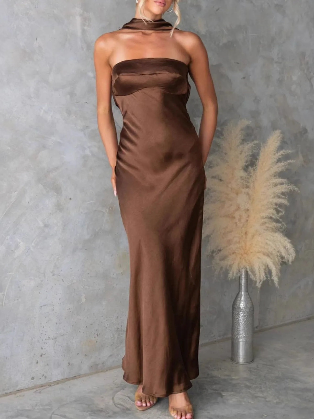 Satin tube maxi dress neckline detail