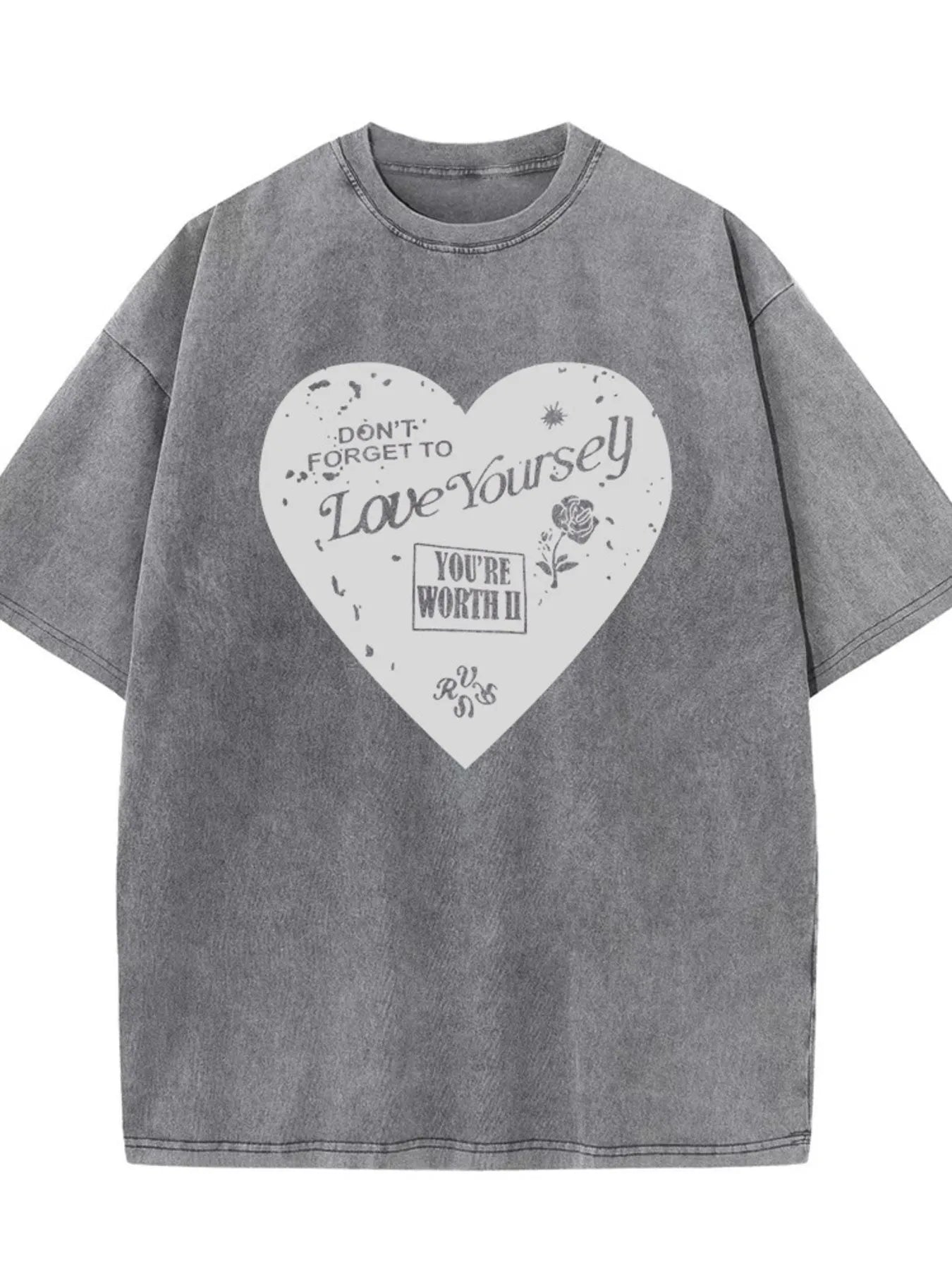 Heart Round Neck Short Sleeve T-Shirt Grey - Fashorio