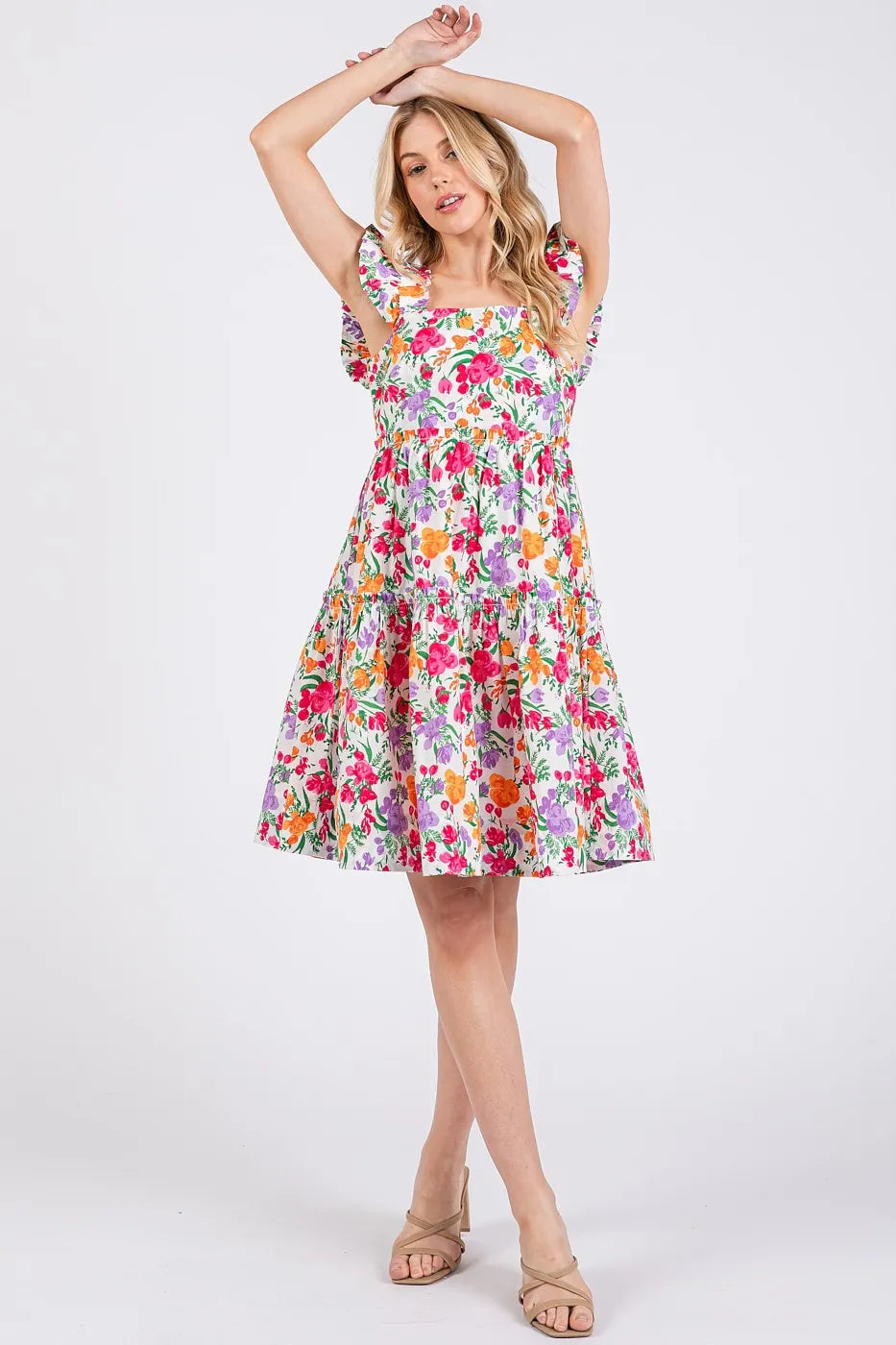 Floral Ruffle Shoulder A Line Mini Dress in Ivory styled look