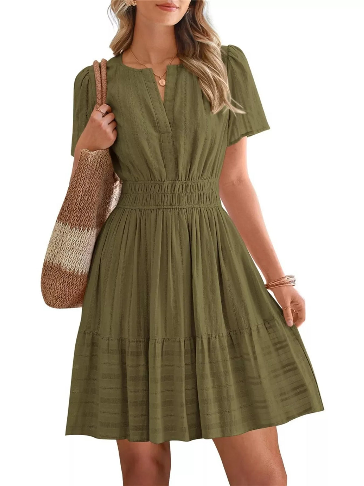 Short sleeve smocked waist tiered midi dress styled view