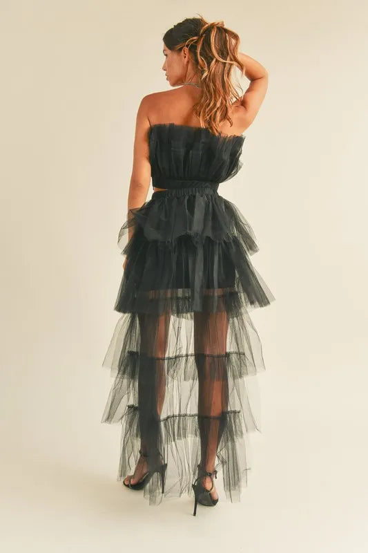 MABLE Tulle Tube Ruffle Crop Top and High Low Maxi Skirt Set - Fashorio