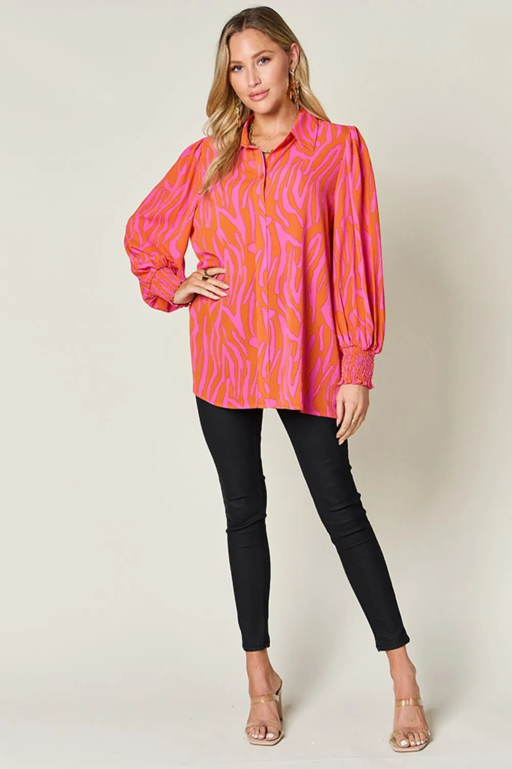 Double Take Printed Smocked Long Sleeve Blouse, view 30