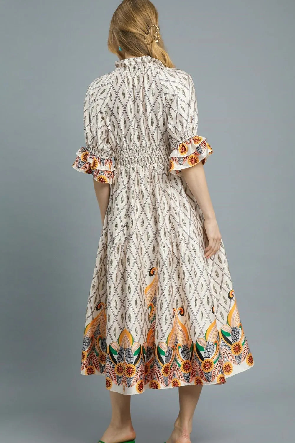 Printed Smocked Waist Flounce Sleeve Midi Dress detail
