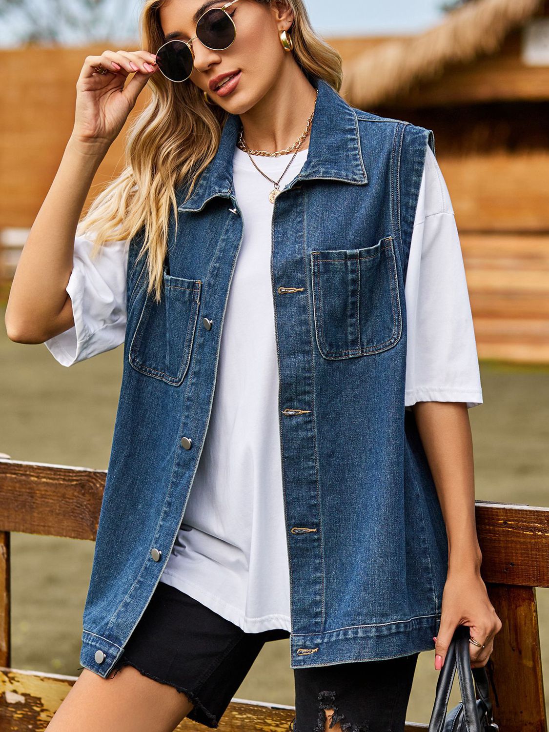 Button Down Denim Vest - Fashorio