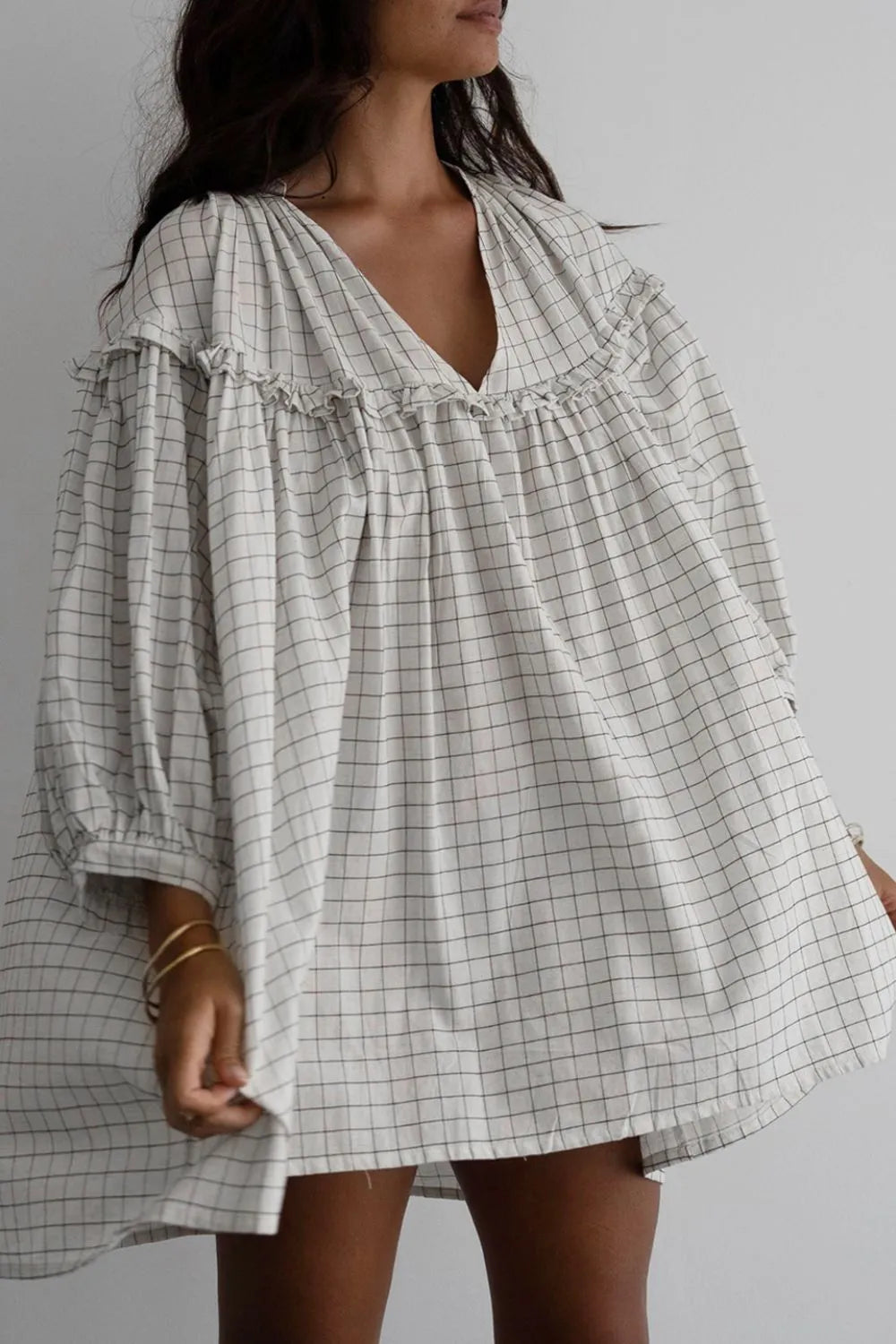 Frill Plaid Balloon Sleeve Mini Dress in White