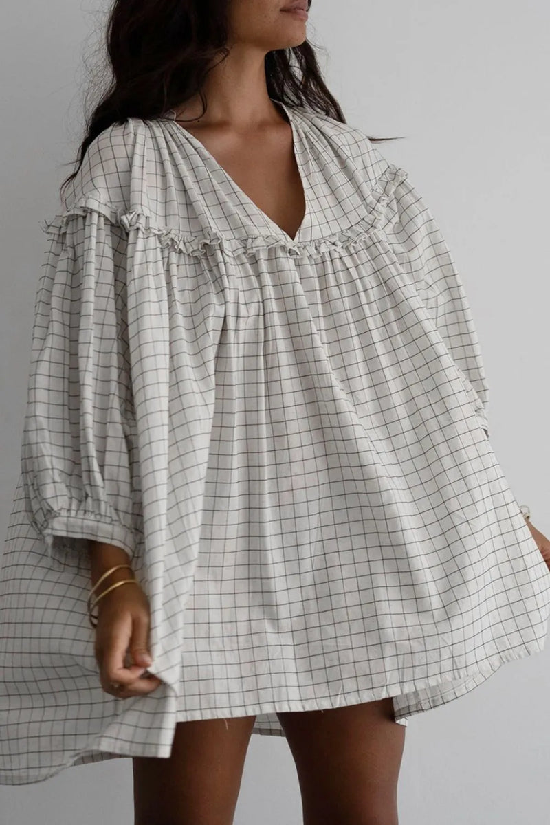 Frill Plaid Balloon Sleeve Mini Dress in White