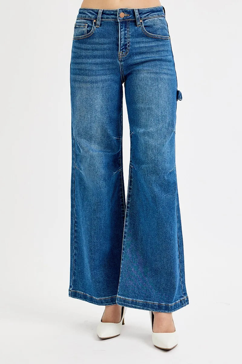 Wide leg jeans patchwork detail close up