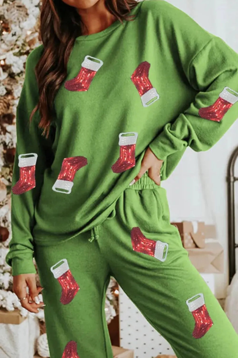 Sequin Socks Round Neck Long Sleeve Top and Pants Lounge Set side view