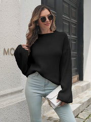 Round Neck Dropped Shoulder Sweater Black - Fashorio