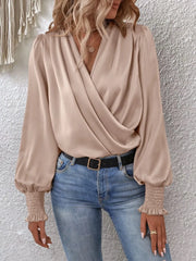 Surplice Smocked Lantern Sleeve Blouse Tan - Fashorio