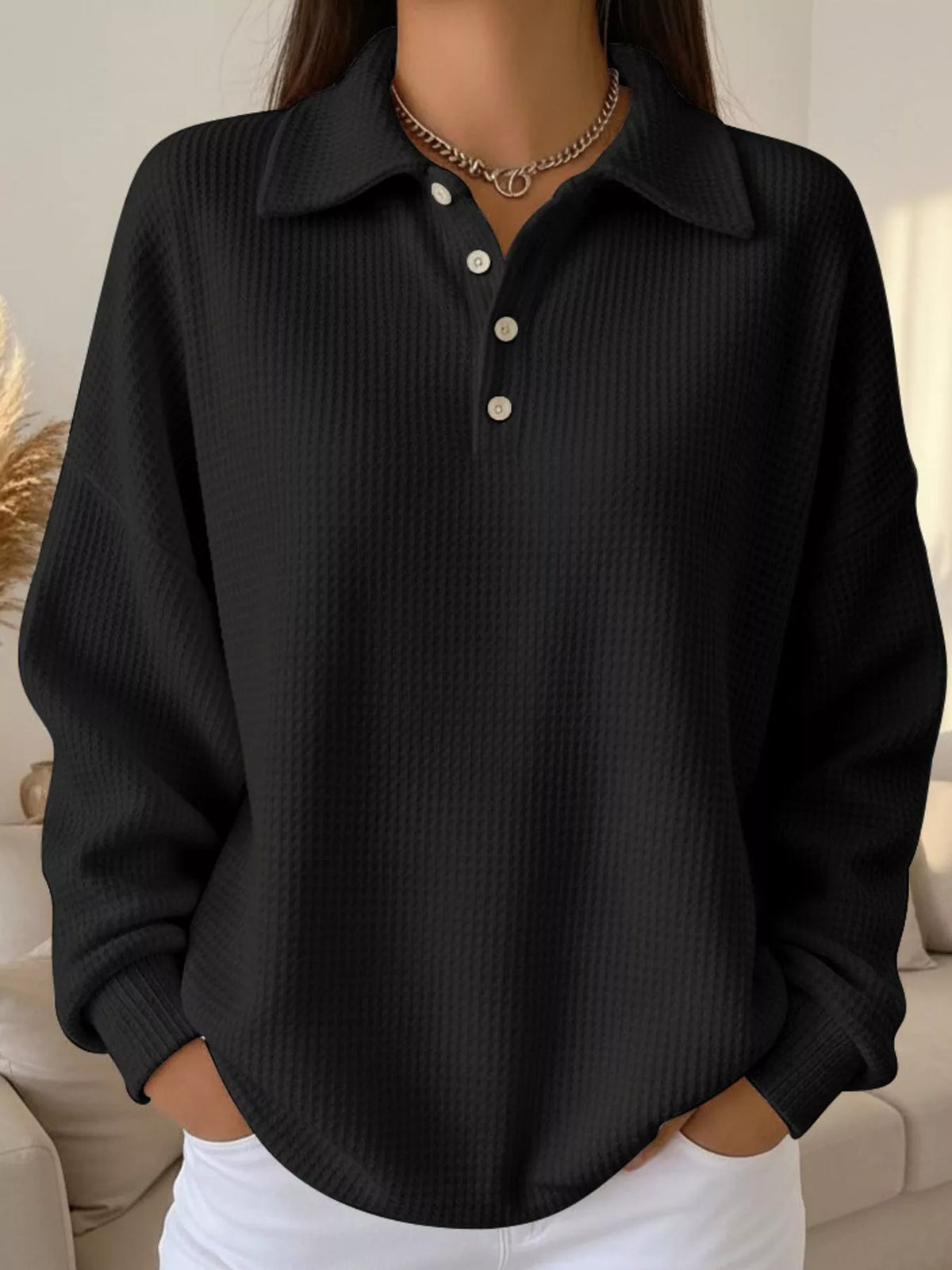Waffle knit top sleeve and cuff detail
