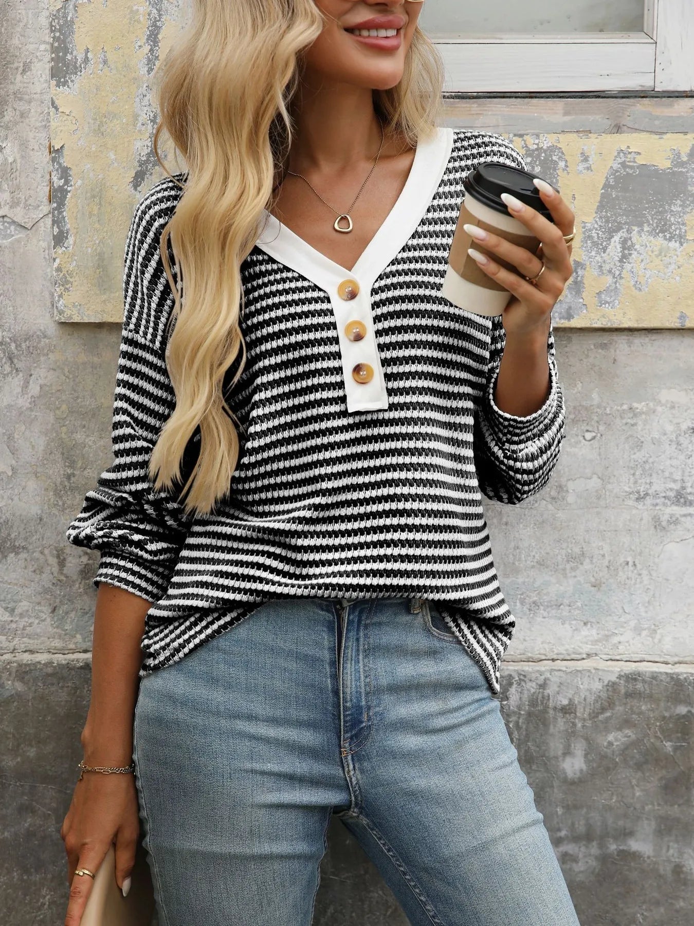 Striped V-Neck Button Front Casual Top Black - Fashorio