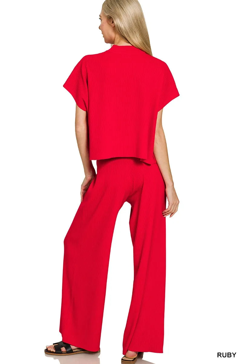 Zenana Viscose Sweater Short Sleeve Top and Pants Set - Fashorio