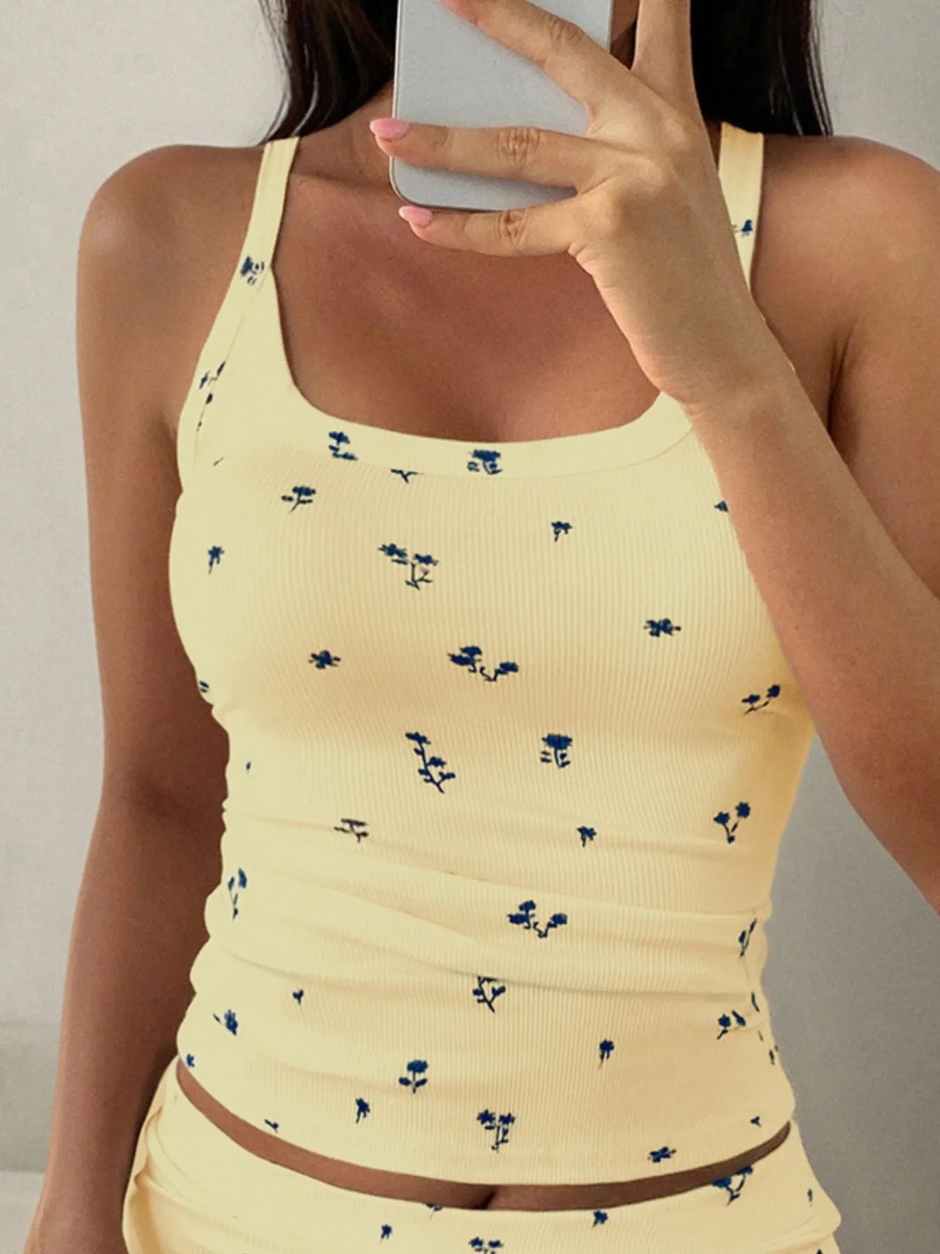 Floral Ribbed Cami and Wide Leg Pants Set - Fashorio