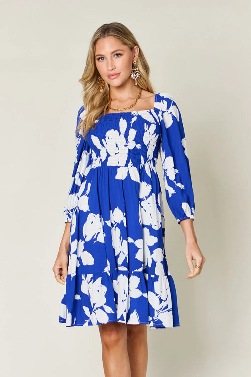 Floral smocked ruffle hem dress front view