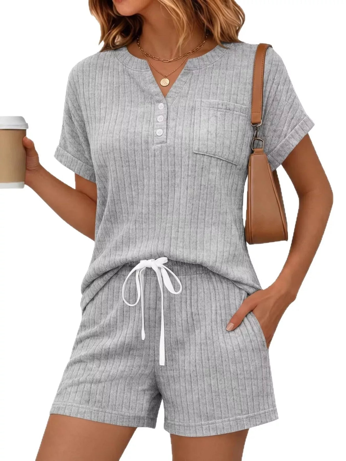 Ribbed Knit Tee and Shorts Two Piece Set, view 20