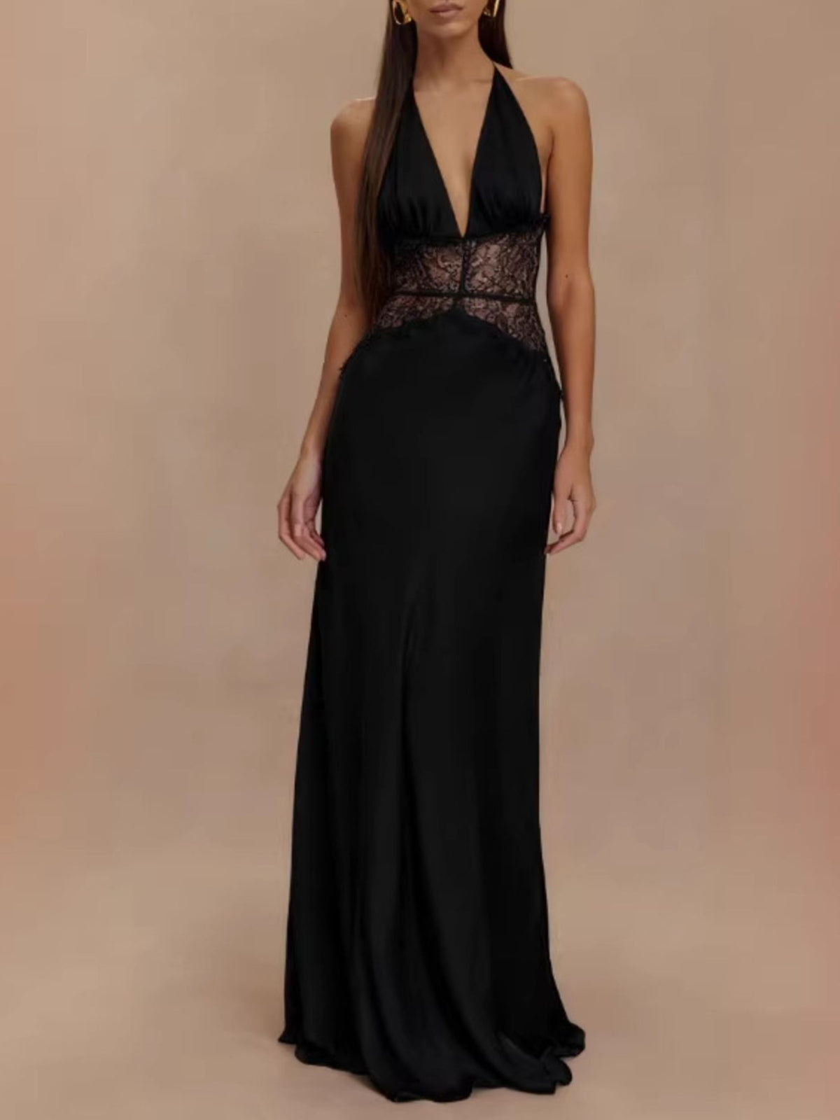 Halter neck lace trimmed maxi dress hem detail