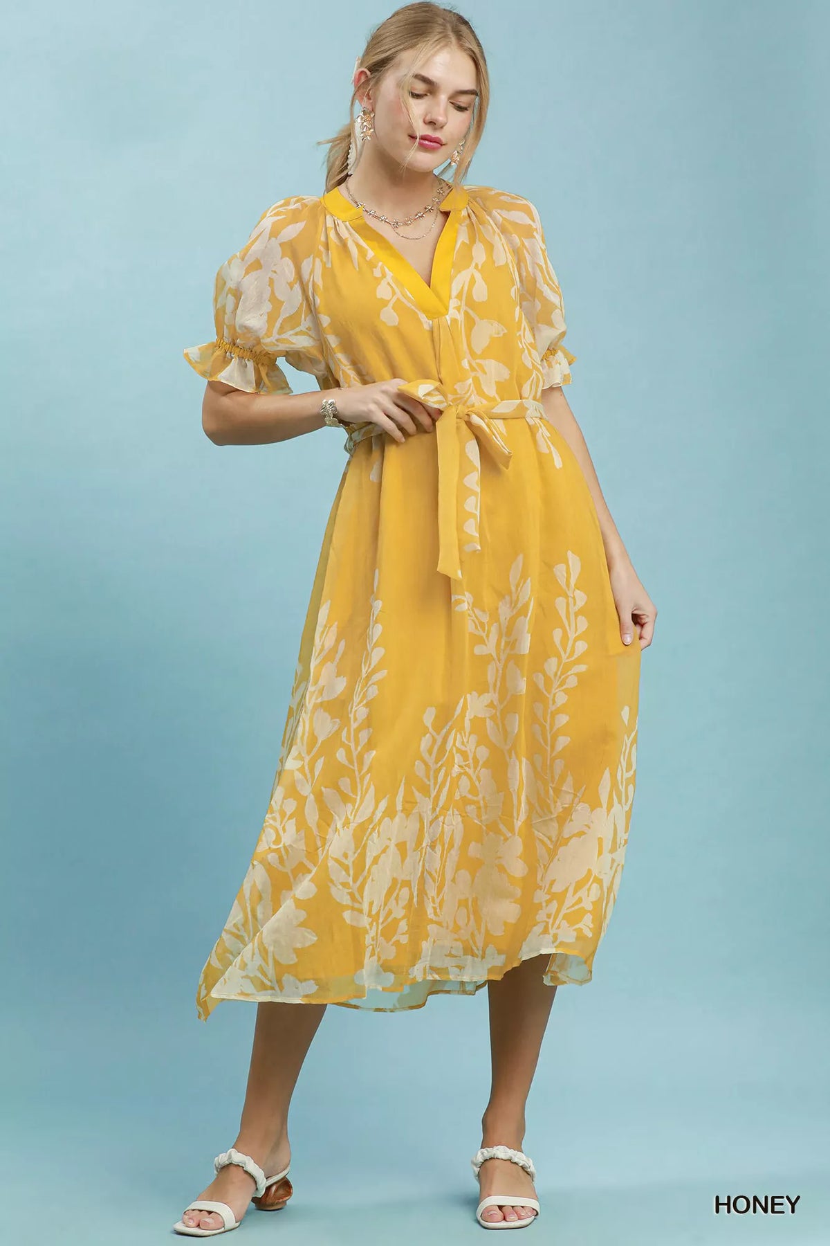Honey floral tie waist midi dress front view