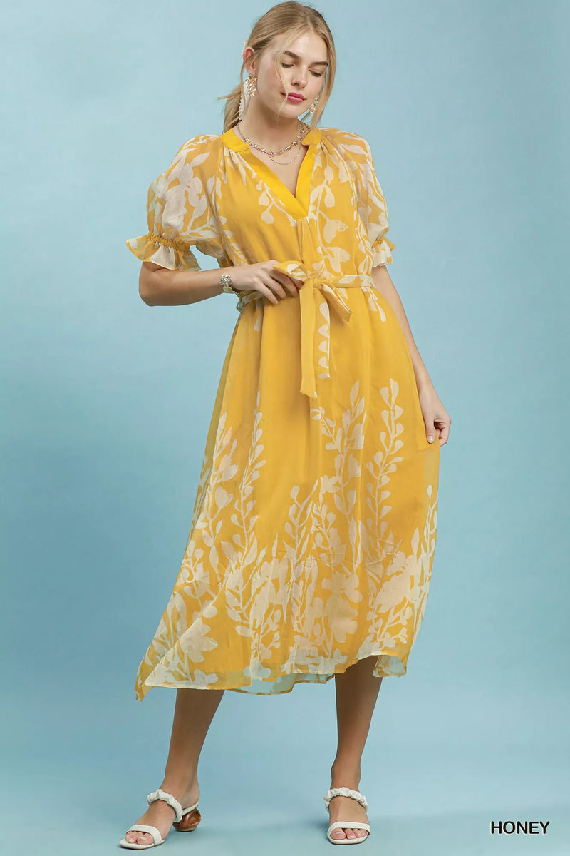 Honey floral tie waist midi dress front view