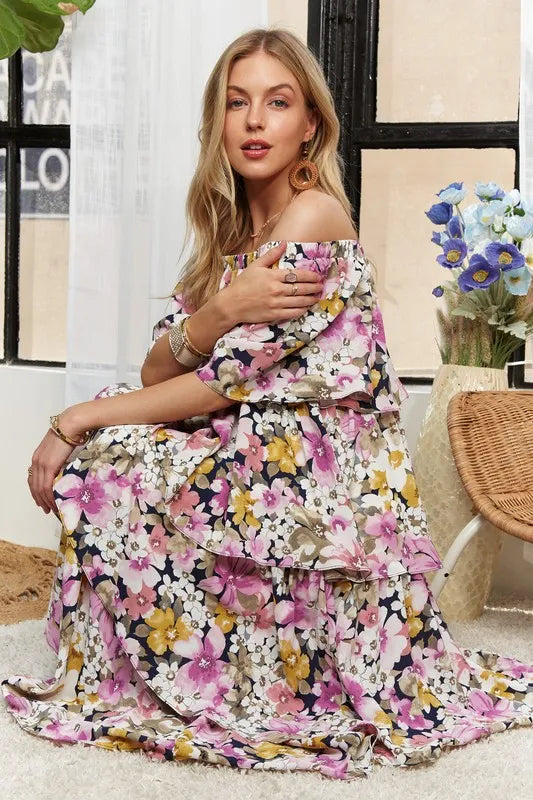 Floral Off Shoulder Maxi Dress in Mauve side view