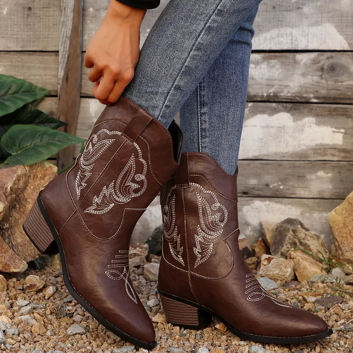 Western Cowboy Boots with Embroidered Design paired with denim